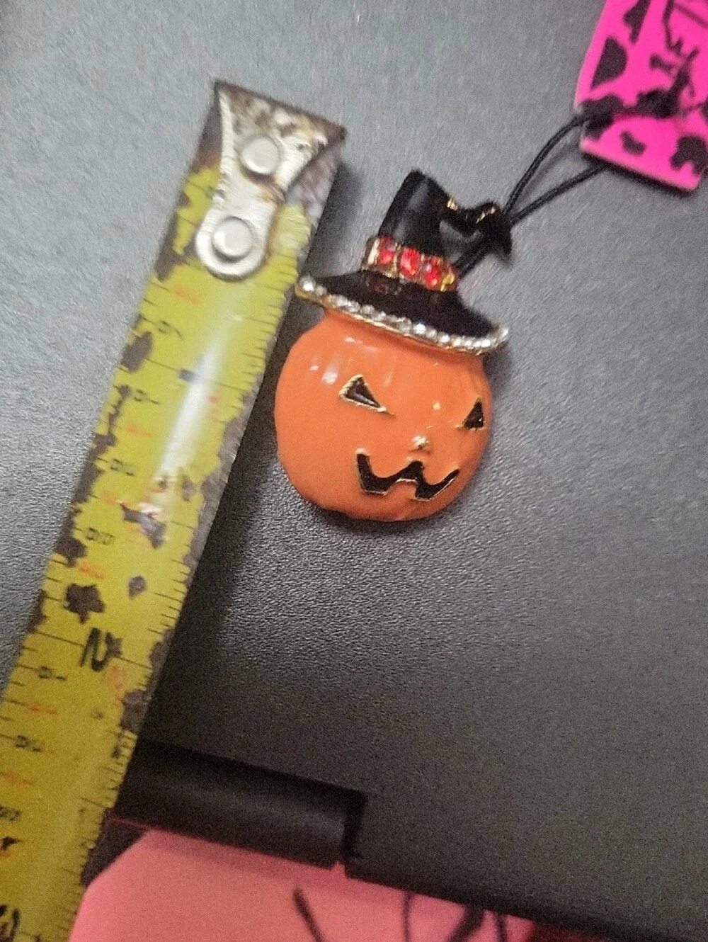 Orange Pumpkin Pin with Black Witch Hat and Pink Tag Trendy